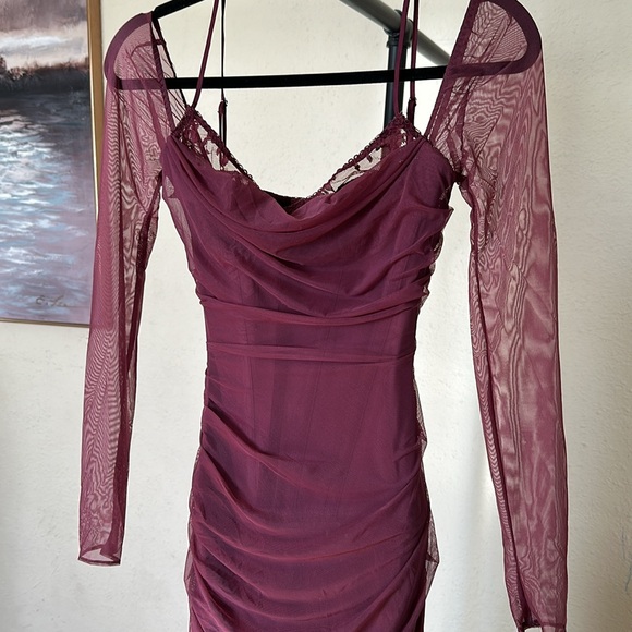 House of CB Burgundy Long Sleeve Mesh Maxi Dress
